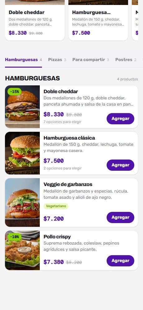 Grilla de productos de la carta, con precios, descuentos y el botón Agregar